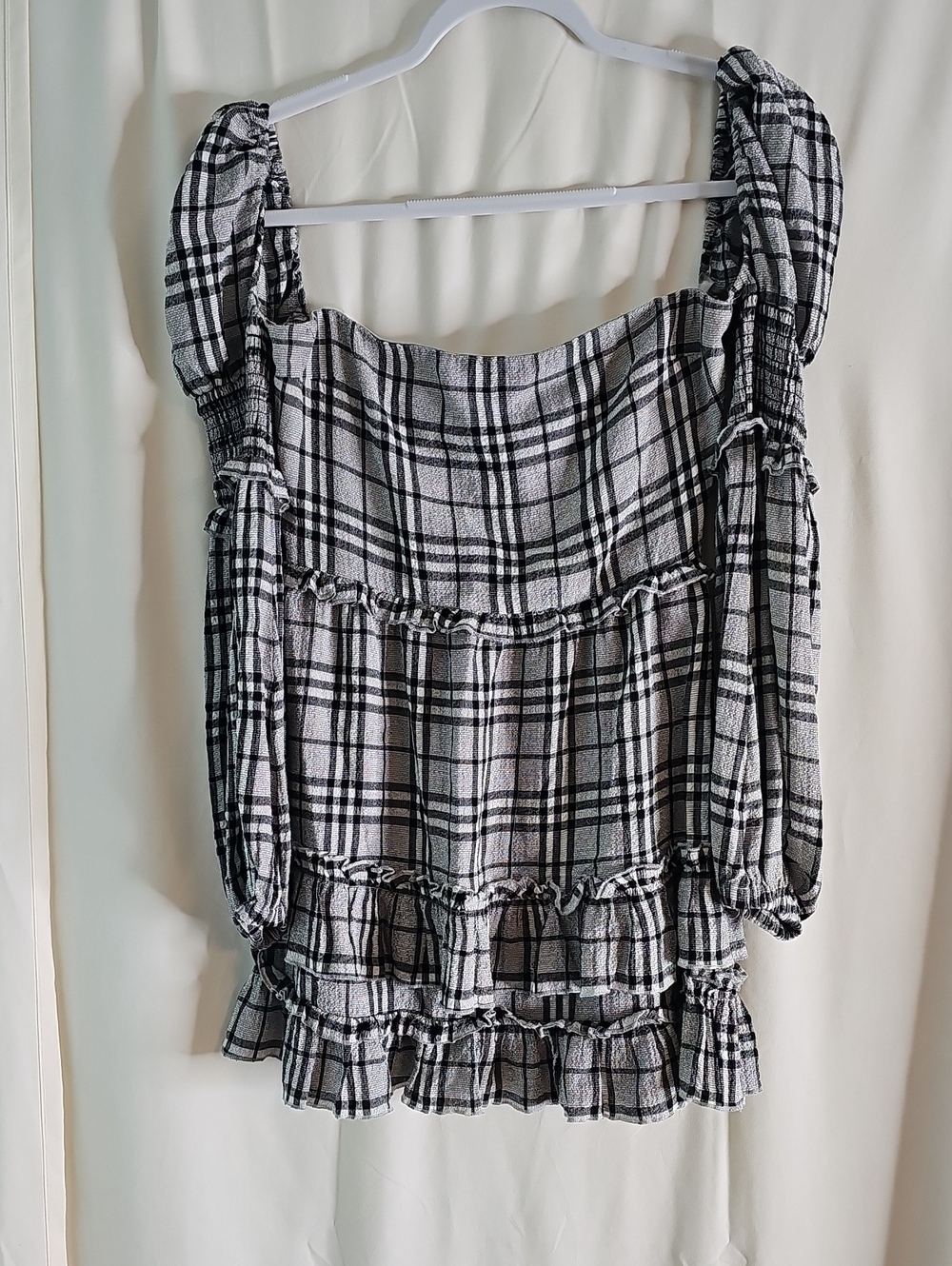 MAJORELLE Black & White Plaid Ruffle Tunic